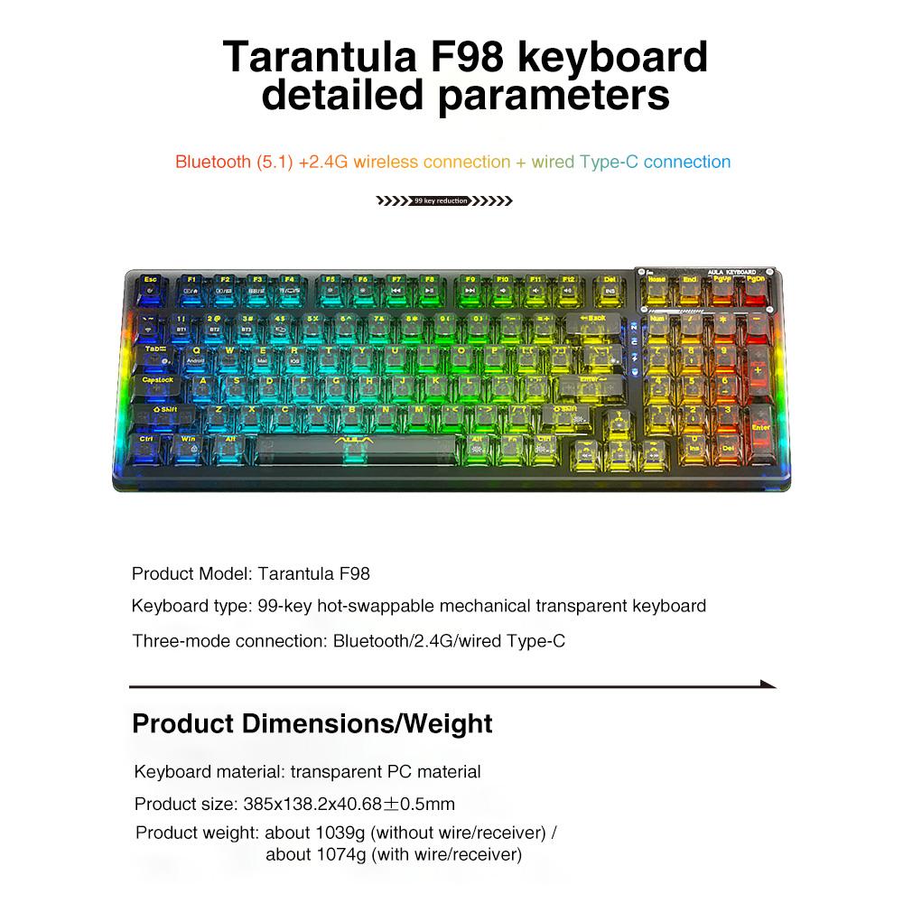 AULA F98 wireless mechanical  keyboard with transparent keycaps, 99-key Mechanical Switch Tri-mode Connection, RGB Rainbow Backlit, Suitable for Gaming and 0ffice, Gasket Gaming Keyboards Creamy Keyboard  Computer Accessory FallFreshness