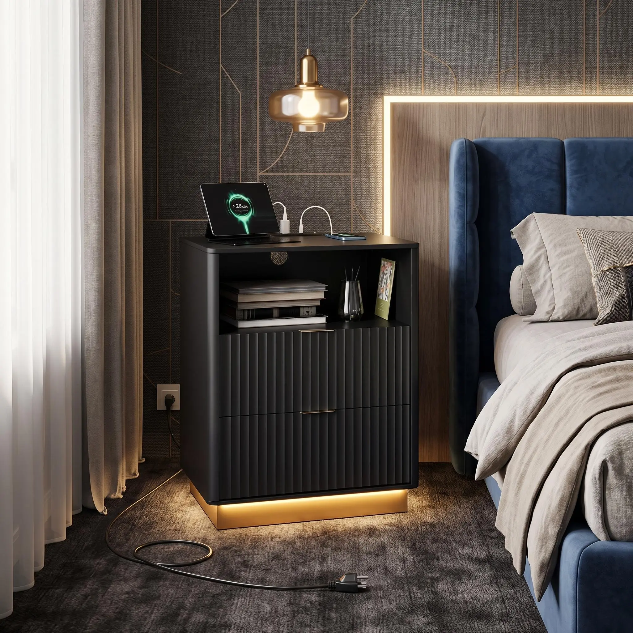【IdealHouse】Modern Fluted Bedside Table with Charging Station and LED Light, 2 Drawer Curved Mid Century Nightstand, Spacious Storage Side Furniture for Bedrooms