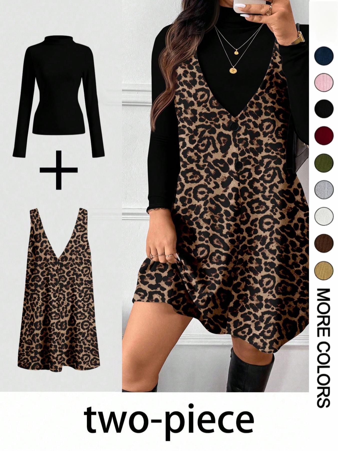 Women's Vintage Leopard Print Dress & Plain Top Two-Piece Set, Autumn Winter Outfit for Shopping & Dates