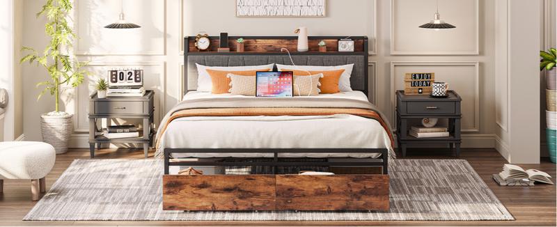 LIKIMIO Bed Frame, Storage Headboard with Charging Station, Platform Bed with Drawers, No Box Spring Needed, Easy Assembly