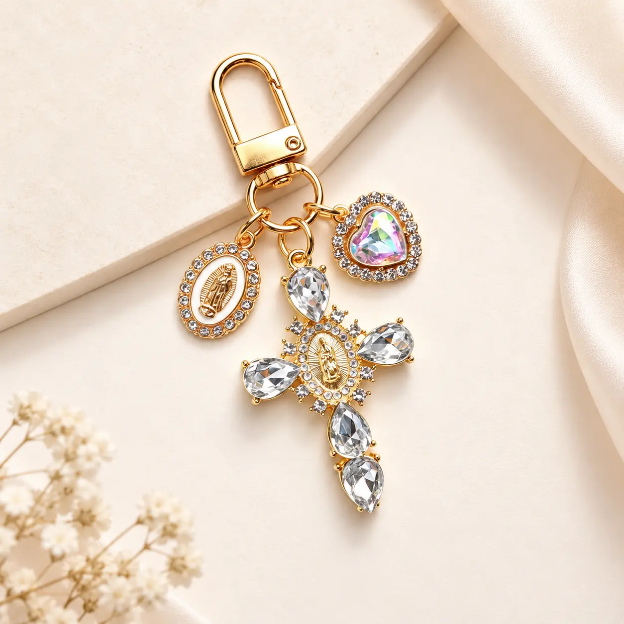 Women's Rhinestone-Embellished Gold Cross Keychain - Catholic Religious Cross Motif Metal Keyring, Elegant Fashion Accessory, Purse Bag Accessory, Car Key Holder, Holiday Gift