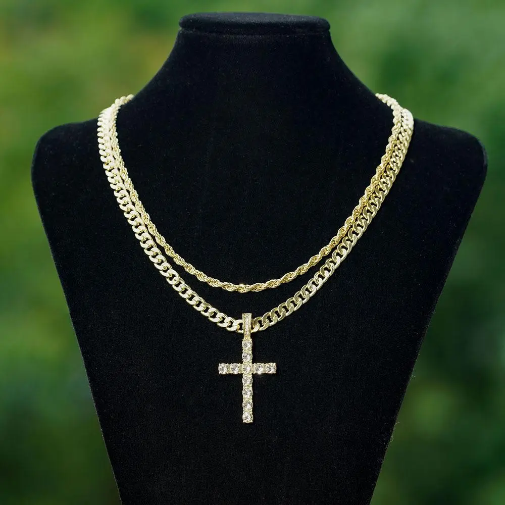 304L Stainless Steel Cross Pendant Necklace, 2PCS Golden, Silvery Shiny Cubic Zirconia Cross Pendant Retro Cuban Twist Chain Stackable Jewelry Gifts Cross Chain Necklaces for Men Women