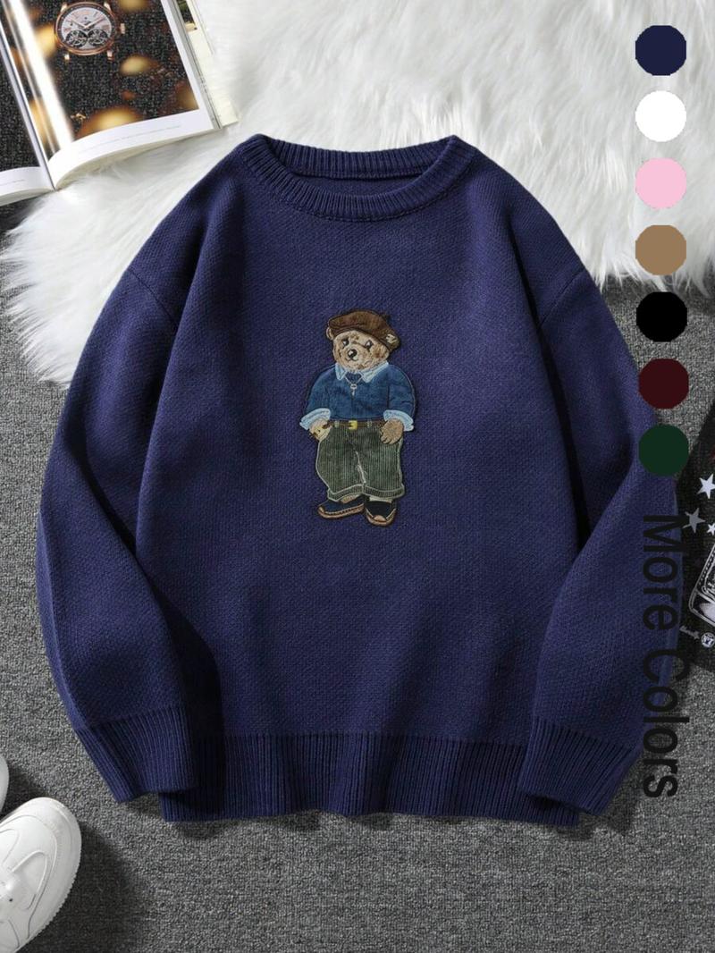 Cartoon Bear Detail Crew Neck Sweater, Casual Loose Long Sleeve Jumper for Fall & Winter, Fashion Ladies' Knitwear for Daily Wear