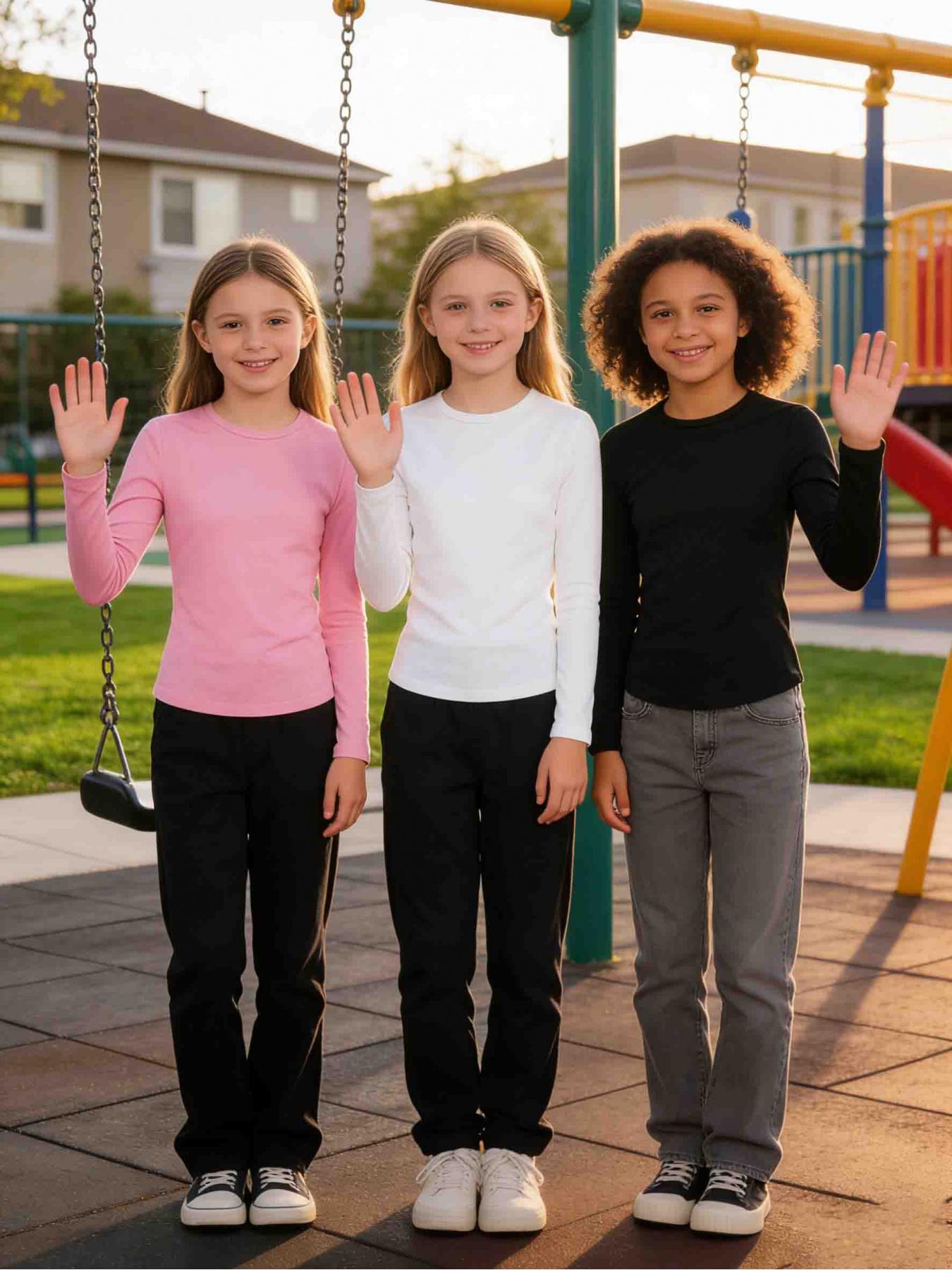 3-piece set of girls' solid color basic round neck knitted long sleeved T-shirt, slim and comfortable, machine washable, soft and skin friendly, Soft and gentle, practical for daily leisure, suitable for both school and outdoor use