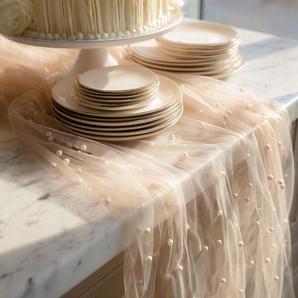 A 1/2/3-piece set of champagne-colored pearl tulle table runners, Sheer, suitable for romantic wedding venues and holiday party decorations.Adorn tables, arches, chair backs, and bridal veils, perfect for Valentine's Day and spring outdoor weddings
