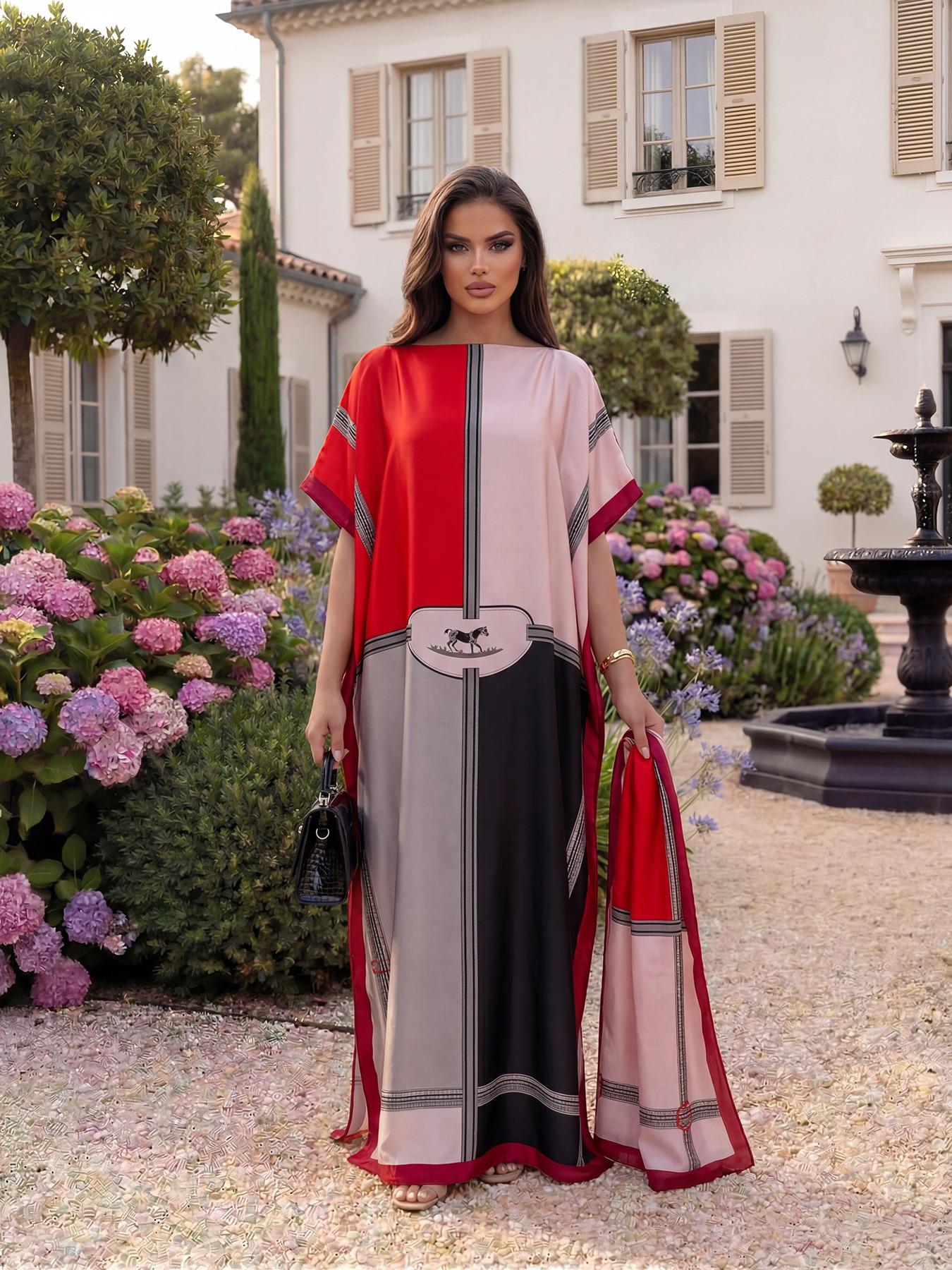 Women's Luxury Equestrian Style Silk Robe Set, Long Cape Dress + Scarf Headband, Beach Outdoor Sun Protection, All Seasons Chic Fashion