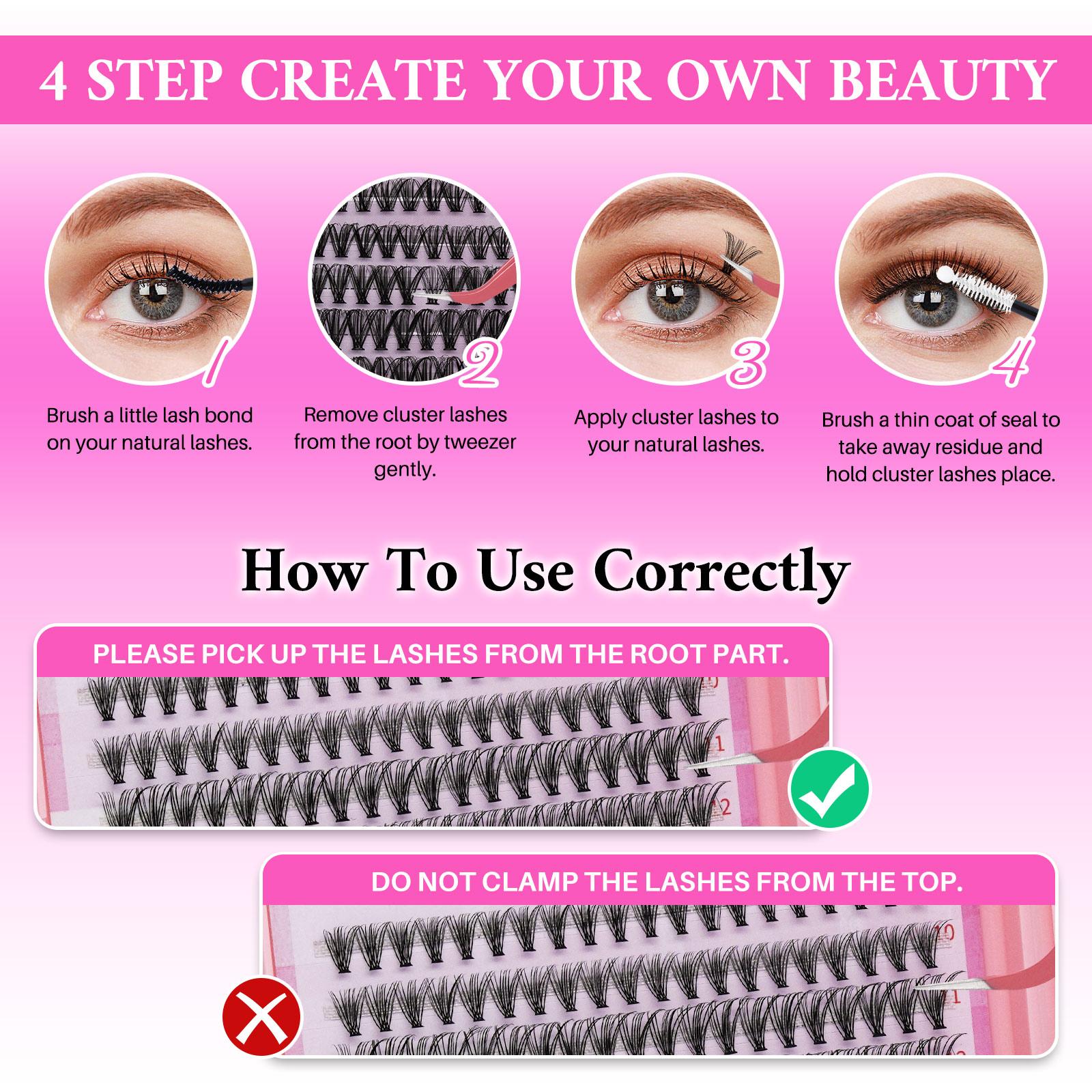 Lashsun Lash Clusters Kit D Curl 8 Styles, Natural Colorful Lashes, Bond Seal Brush, Headband Wristband, Beginner Proficient DIY