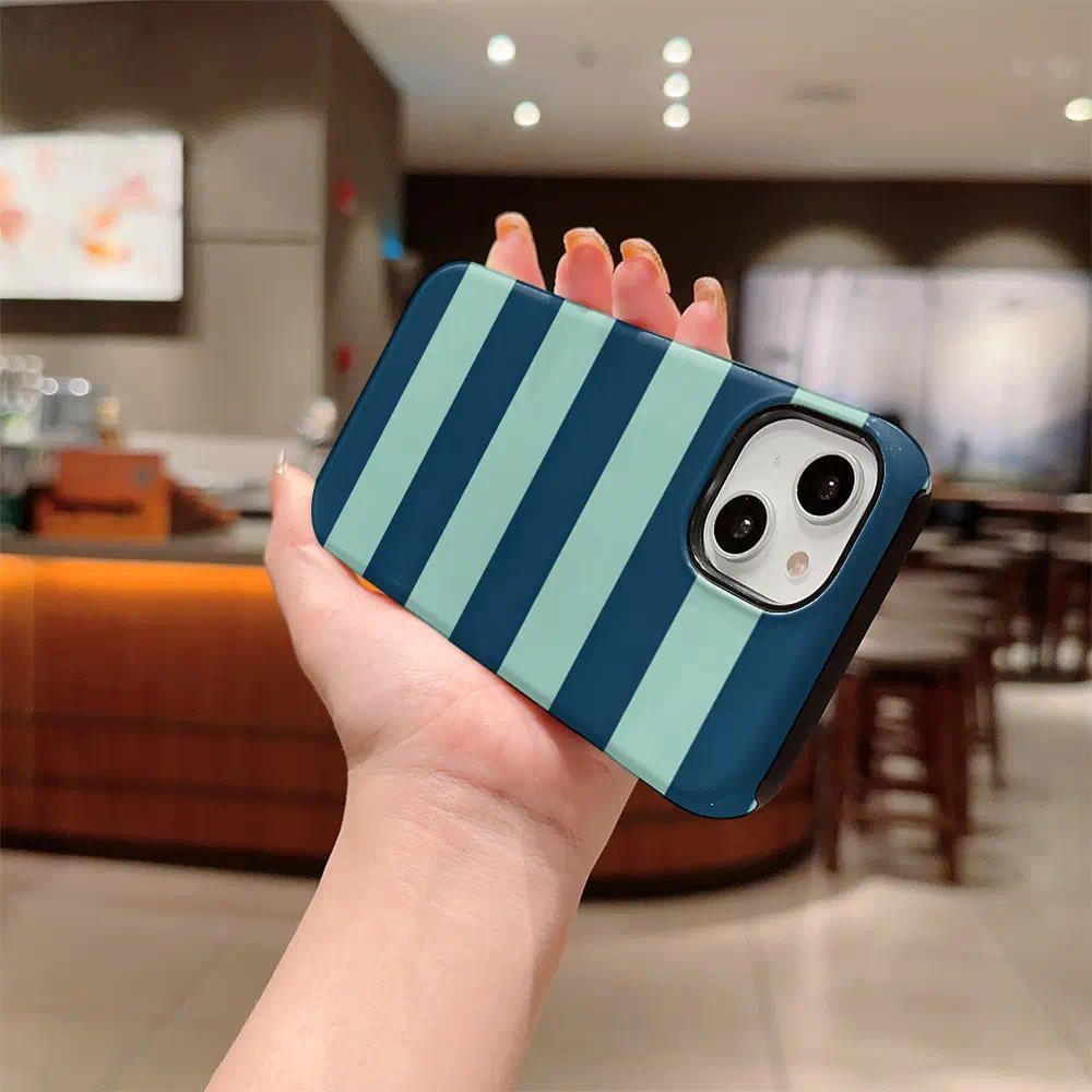 Vintage Fantasy Teal-Navy Horizontal Stripe 2-in-1 Glossy Film Silicone Phone Case - Multi-Model Shockproof Anti-Scratch TPU Cover for iPhone 17 Air E,16,15,14,13,12,11 Pro Max Plus & Samsung Galaxy S24 Plus,S25,S22+ Ultra FE Edge with Enhanced Protection