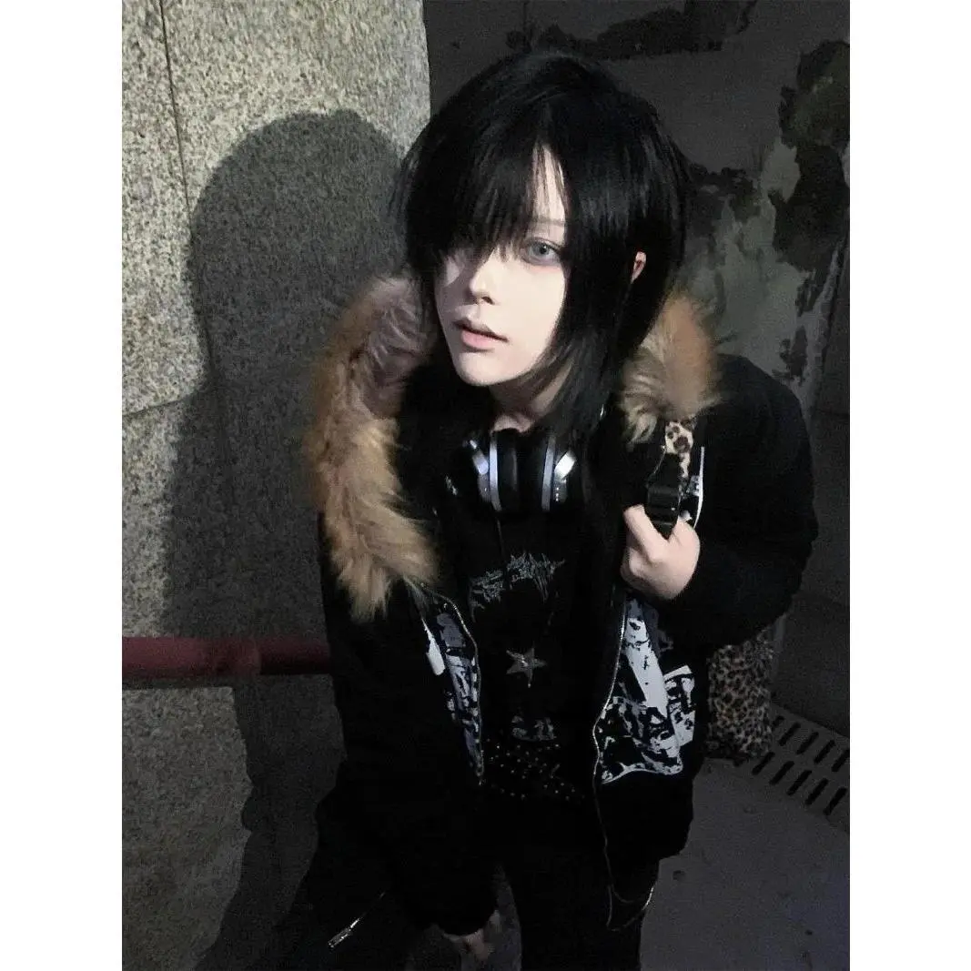 Streetwear Vintage Harajuku Gothic Print Hooded Sweatshirt Coat Aesthetic Slim Jacket Y2k Fur Patchwork Grunge Hoodies Women