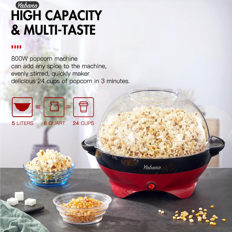 Yabano Popcorn Machine, 6-Quart Popcorn Popper maker, Nonstick Plate, Electric Stirring with Quick-Heat Technology, Cool Touch Handles
