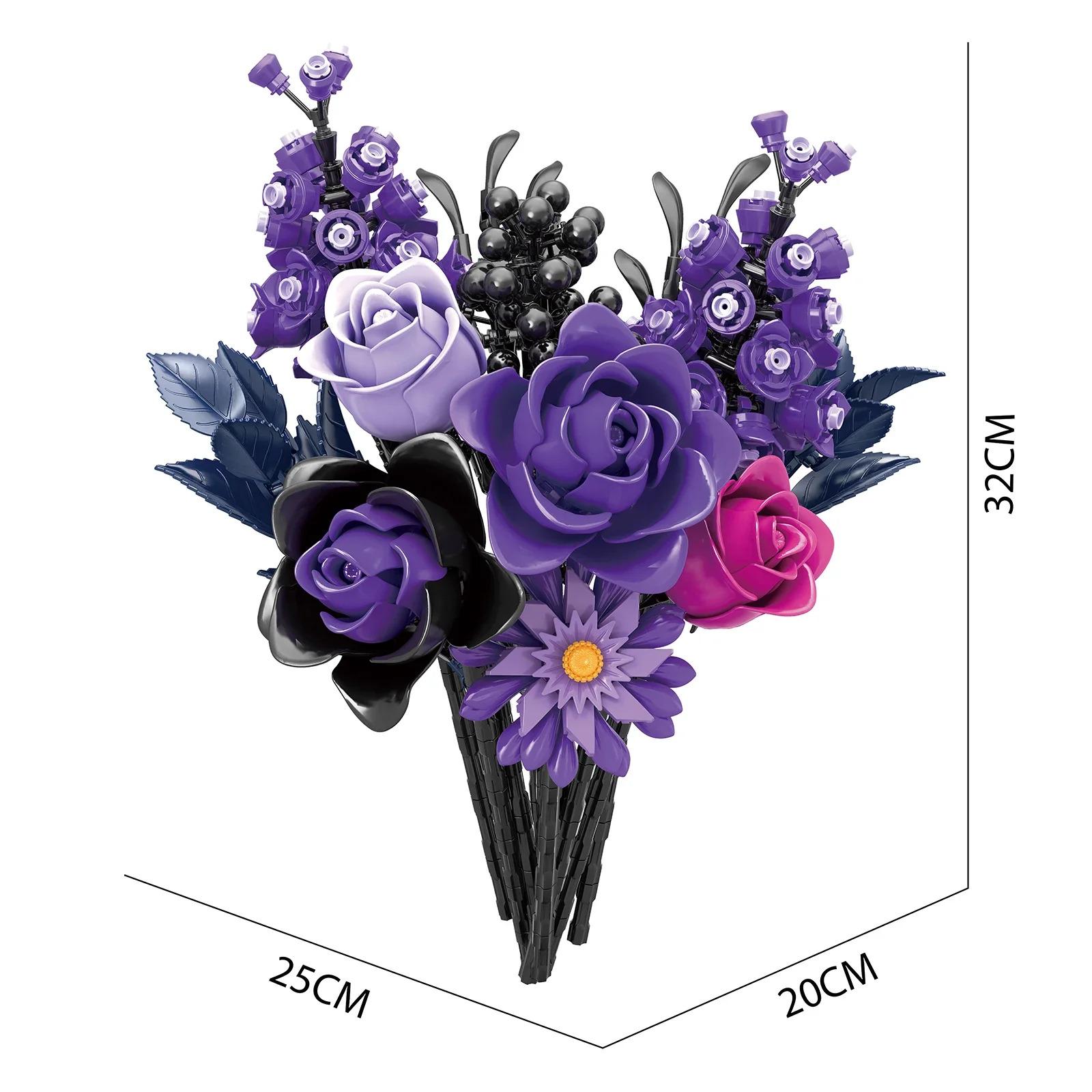 822PCS Purple Rose Gothic Bouquet Building Blocks Flowers Artificial Flowers Botanical Home Decor Valentines Mother's Day Gift