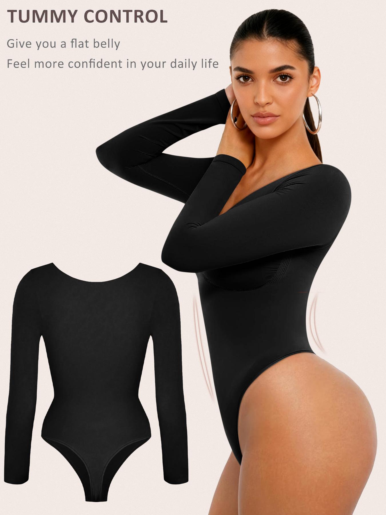 Women's Long Sleeve Shapewear Body Sculpting Compression Bodysuit, Minimalist Basic Tummy Control Seamless Bodysuits Thong V Neck Going Out Tops for Christmas Festival