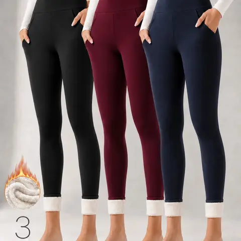 Women's Fleece Lined Thermal Leggings, Winter Thick Lamb Velvet High Waist Leggings with Dual Side Pockets, Stretch Slim Fit Skinny Shark Pants, Warm Yoga Workout Tights for Outdoor Wear, Fitness Bottoms