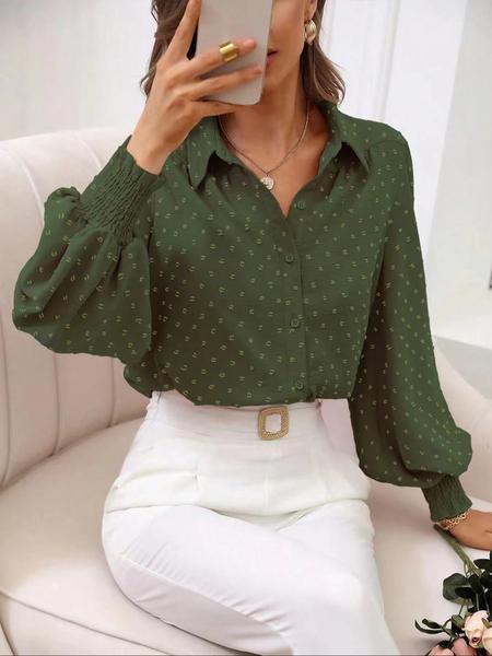 Elegant Textured Fabric Lantern Sleeve Shirt Blouse for Spring & Fall, Perfect for Work & Daily Wear, Stylish Plain Design