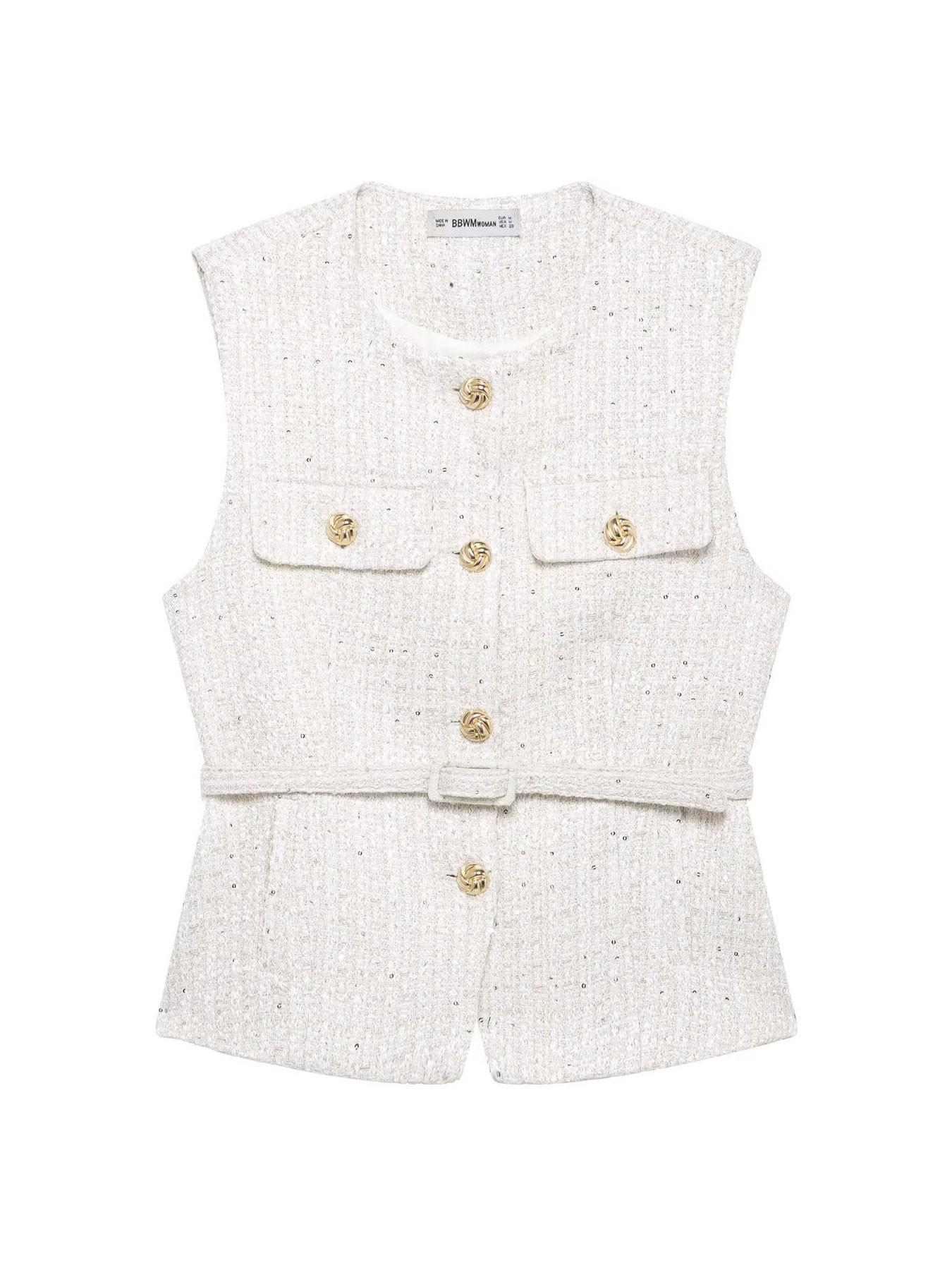 Women's Elegant Belted Sequined Vest, Round Neck Sleeveless Single Button Fitted Jumper, Vintage Fashion Commuter Style, Casual Daily Wear