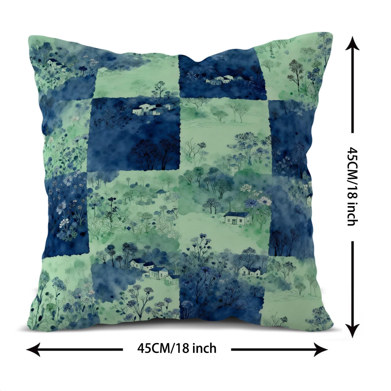1 Piece Watercolor Landscape Checkered Throw Pillow, HD Digital Printed Cushion, Soft Cozy Accent Pillow for Sofa, Chair and Bedroom Decor with Invisible Zipper, Non-Fading