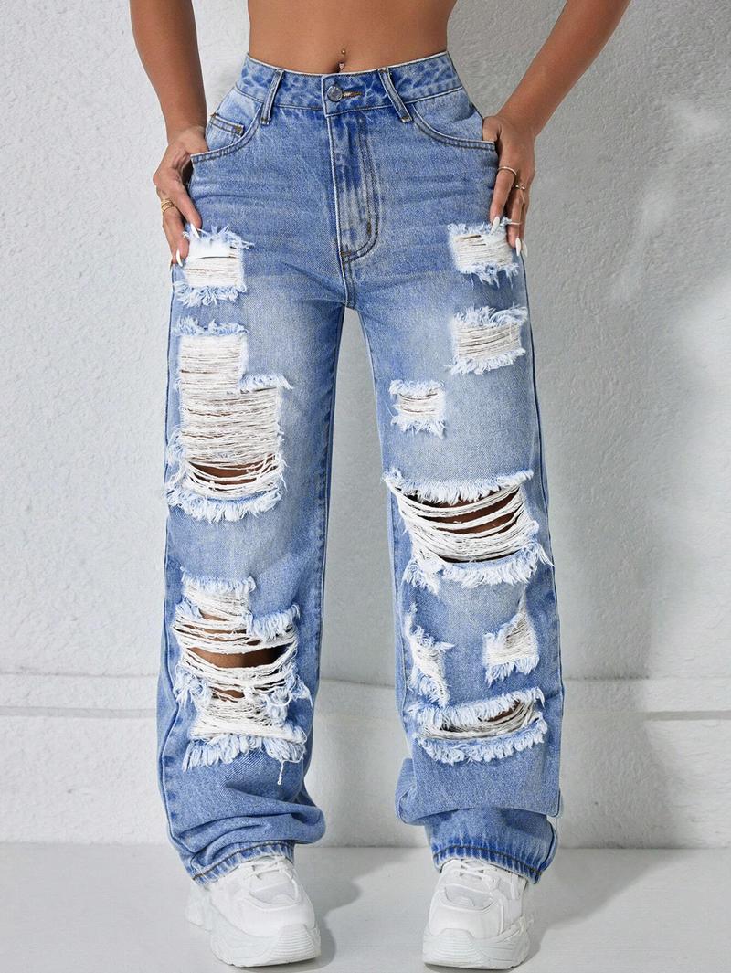 Elegant Fashion Street Style High Waist Ripped Denim Jeans, Spring Summer Fall Women's Loose Straight Leg Pants, Trendy Casual Wear