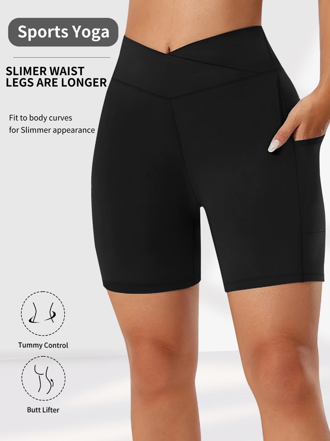 Women's Plus Size Cross Waist Skinny Workout Shorts, High Elasticity Five-Quarter Pants, Pocket Design, Solid Color Tight Fit, Soft Comfort Fabric