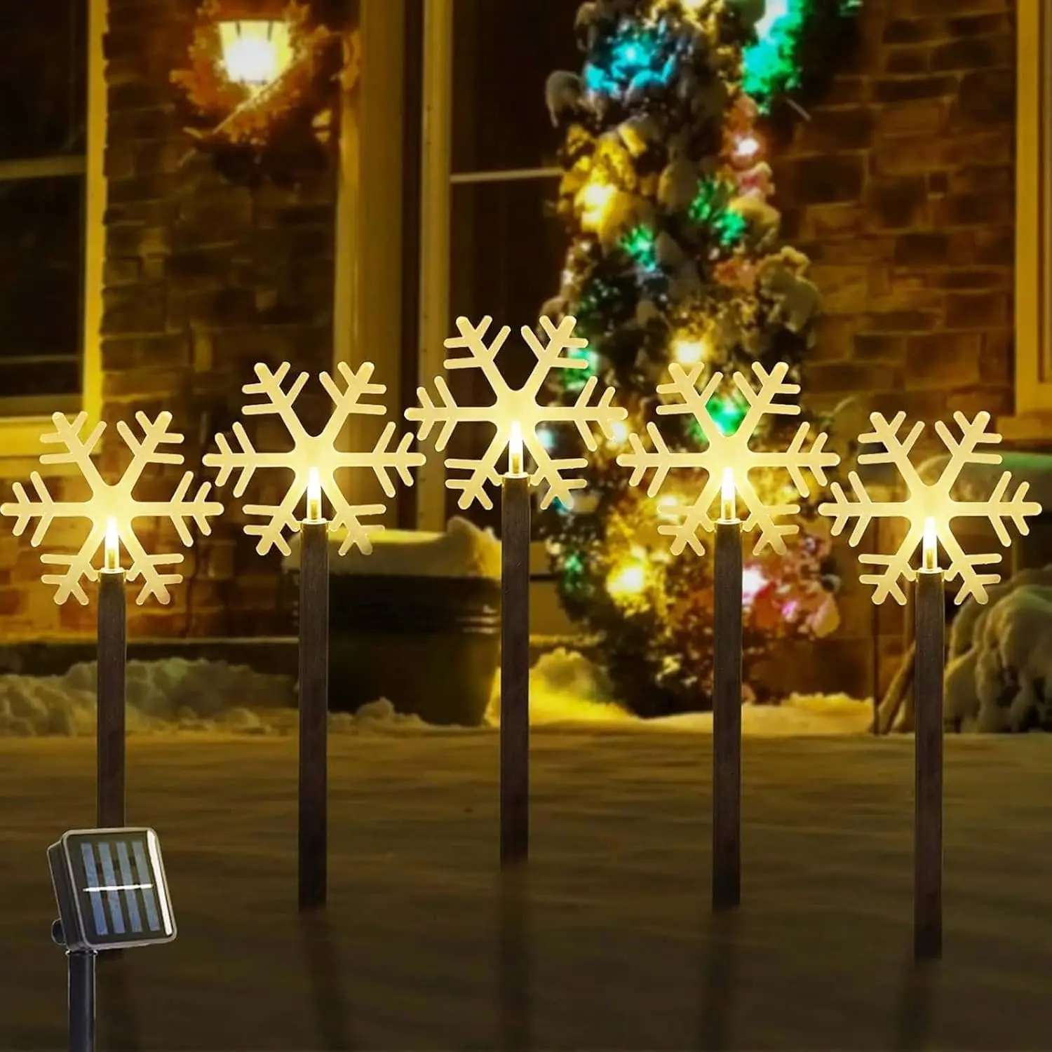5 Pack Christmas Solar Pathway Lights, Snowflake Outdoor Decorations | Warm White LED, Auto- at Dusk, Ground Stakes, Weather-Resistant, Cord-Free Setup, Garden Walkway Display