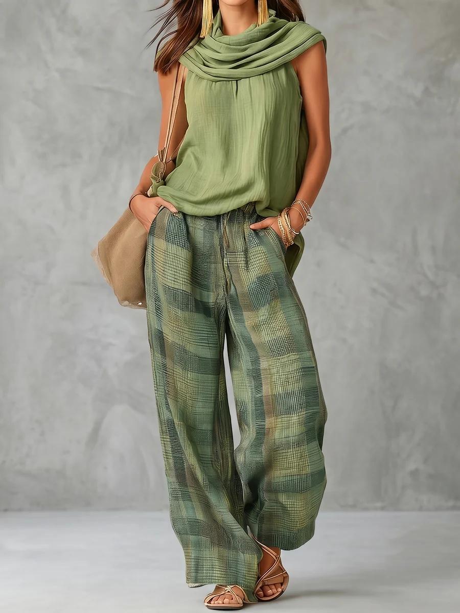 Women's High-Waisted Loose-Fit Contrast Color Plaid Pockets Polyester Bottoms, Casual Wear Pants, Trousers