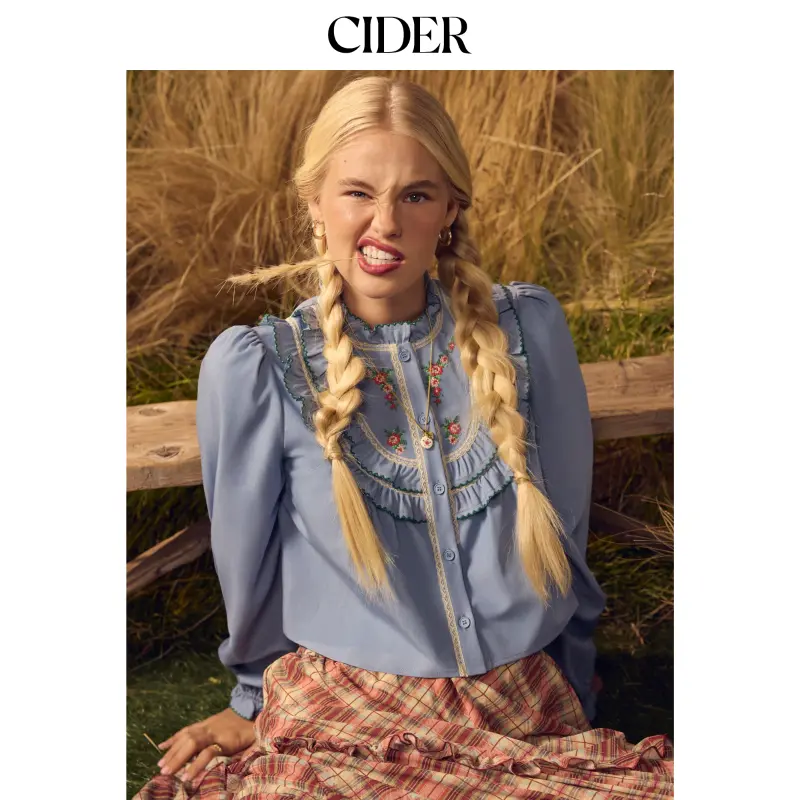 Cider Floral Graphic Stand Collar Embroidery Ruffle Trim Crop Blouse