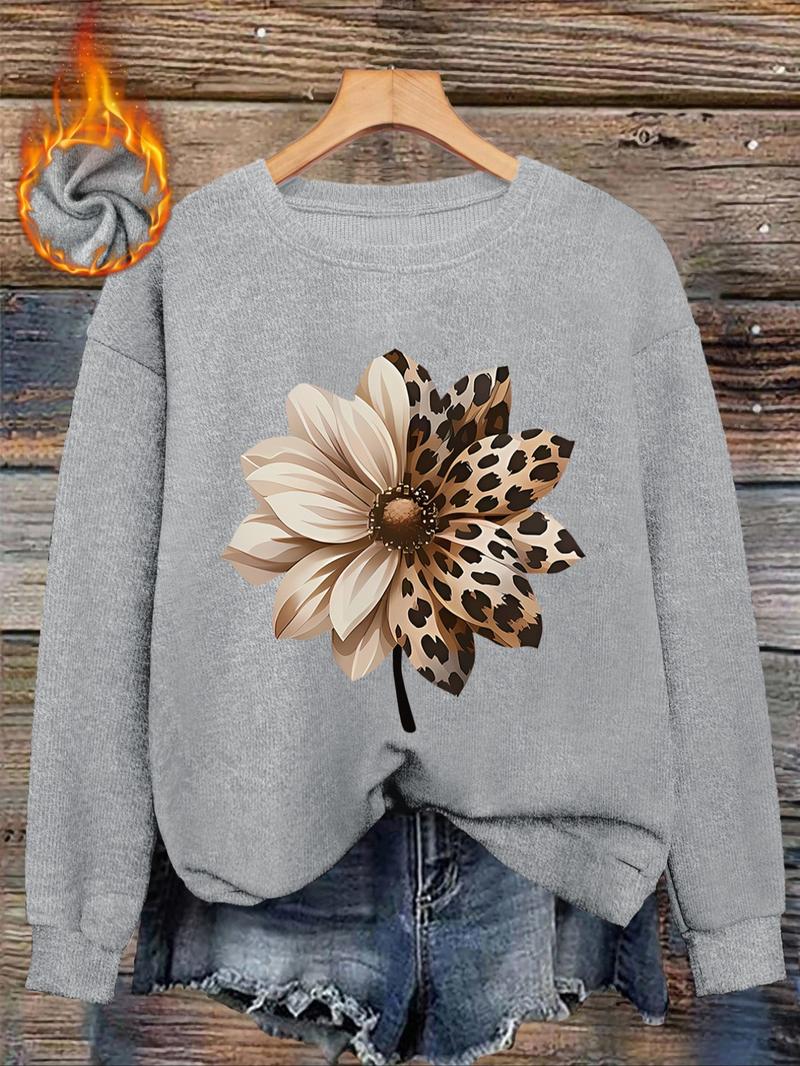 [Autumn and Winter] Leopard print flower print women's casual and fashionable round neck faux wool top, women's round neck faux wool top, letter, pattern comfortable round neck faux wool top, suitable for autumn and winter season