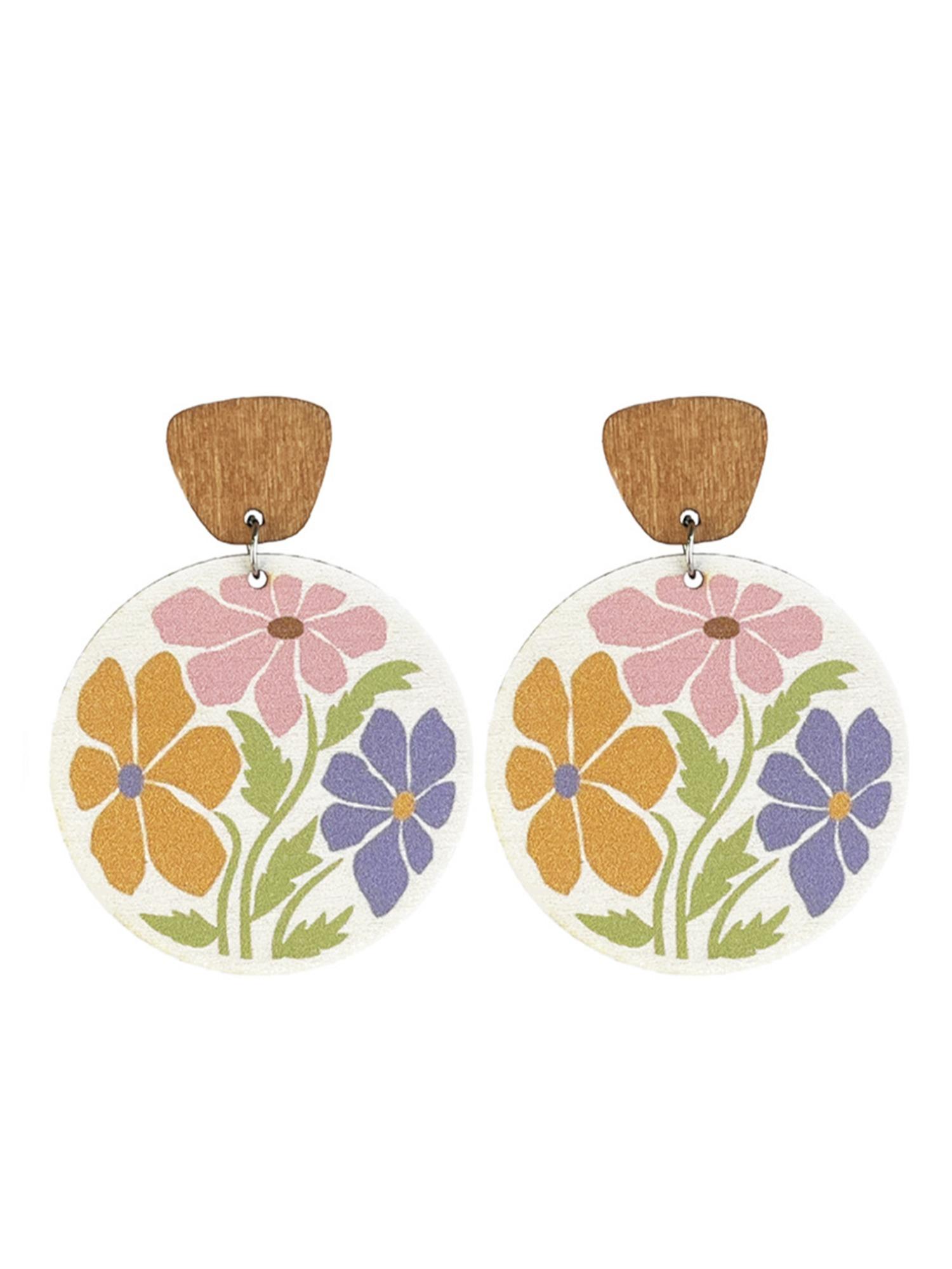 Vintage Floral Boho Drop Earrings, Multicolor Wooden Round Porcelain Studs, All-Over Print Design, Perfect for Spring & Summer