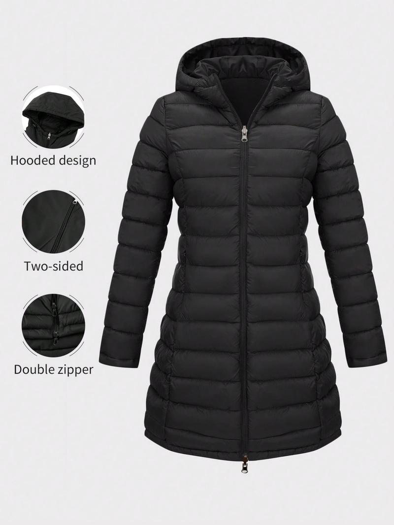Women's Winter Hooded Jacket, Large Size, Double-Sided Pocket Cotton Coat, Casual Fitted Long Sleeve, Fall & Winter Commuter Wear