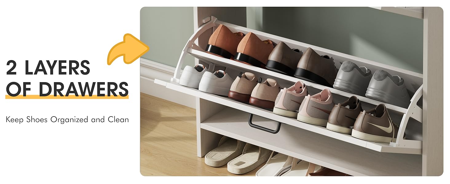 Vabches Shoe Storage Cabinet with 2 Flip Drawers & 2 Drawers,Shoe Cabinet Storage with Legs for Entryway,Freestanding Shoes Organizer Cabinet,Farmhouse Slim Shoe Cabinet