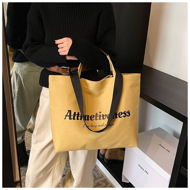 Casual Letter Print Canvas Tote Bag, Large Capacity Commute Shoulder Bag, Lazy Style Handbag, Student School Bag