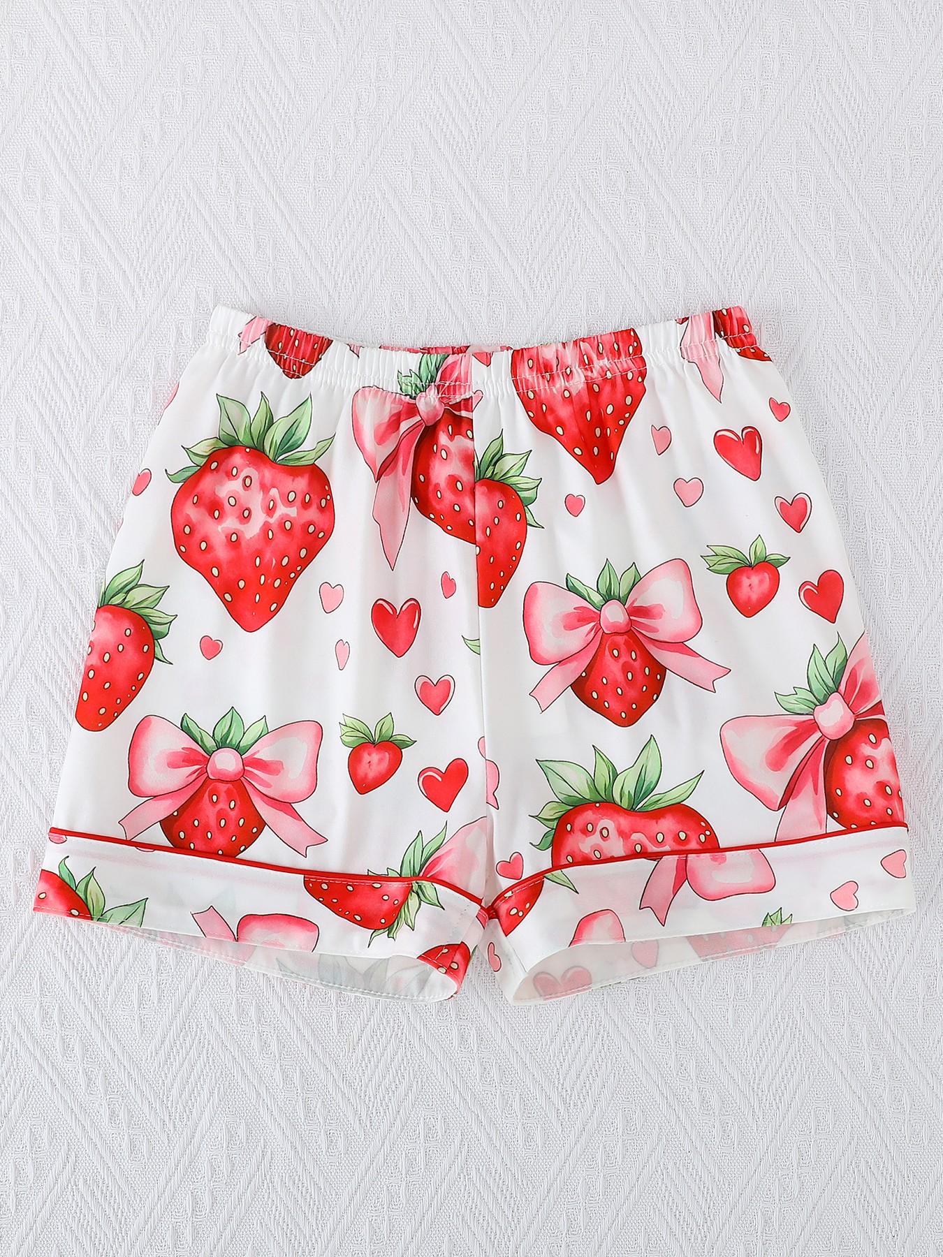 2-Piece Kids Pajama Set, Casual Strawberry Bow Heart Pattern, Fashion Open-Cardigan Short Sleeve Top and Shorts, Flame-Retardant Knit, All Seasons