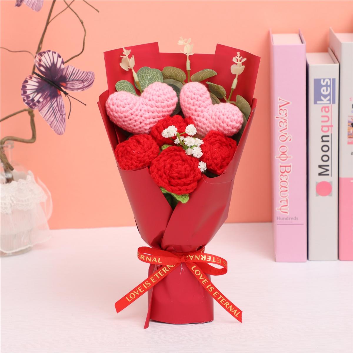 Handmade Knitted Yarn Artificial Flower Bouquet, Heart and Rose Flowers, Perfect Gift for Valentine's Day Mother's Day Thanksgiving