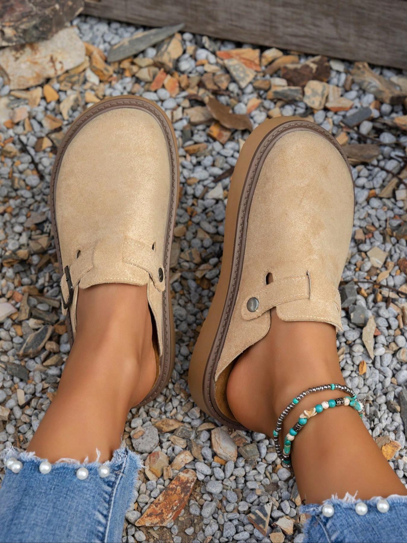 Women's Multi-Color Velvet Slip-On Shoes, Elegant Comfortable Large Size Single Button Design, Casual Fashion Slippers for Spring & Fall, Slip On Lightweight