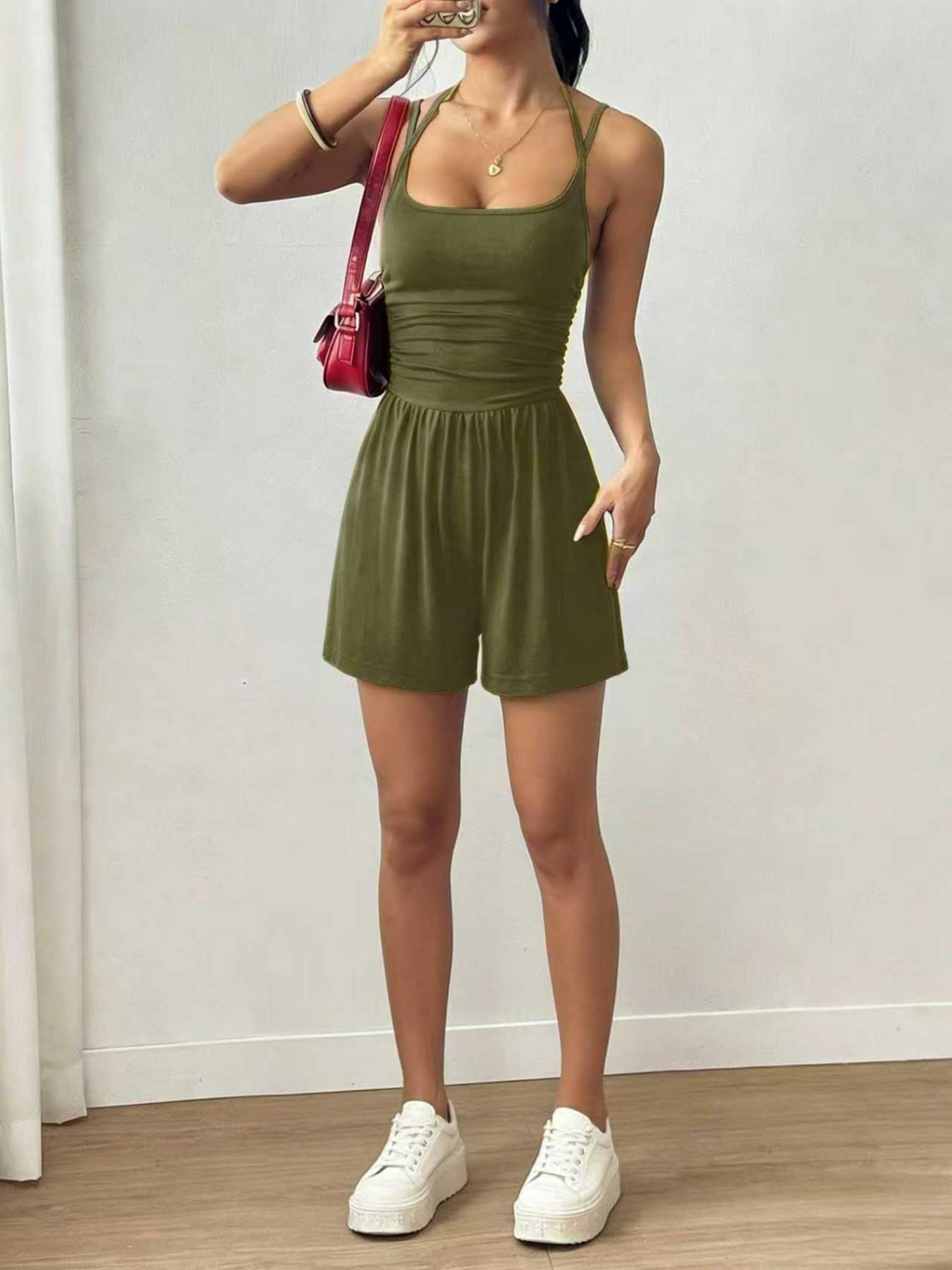 Women's 2026 Versatile Casual Fitted Backless Jumpsuit, Spaghetti Strap Smocked Bodice Flattering Slim Fit Elegant One-Piece Romper for Club Evening Date Vacation Daily Wear