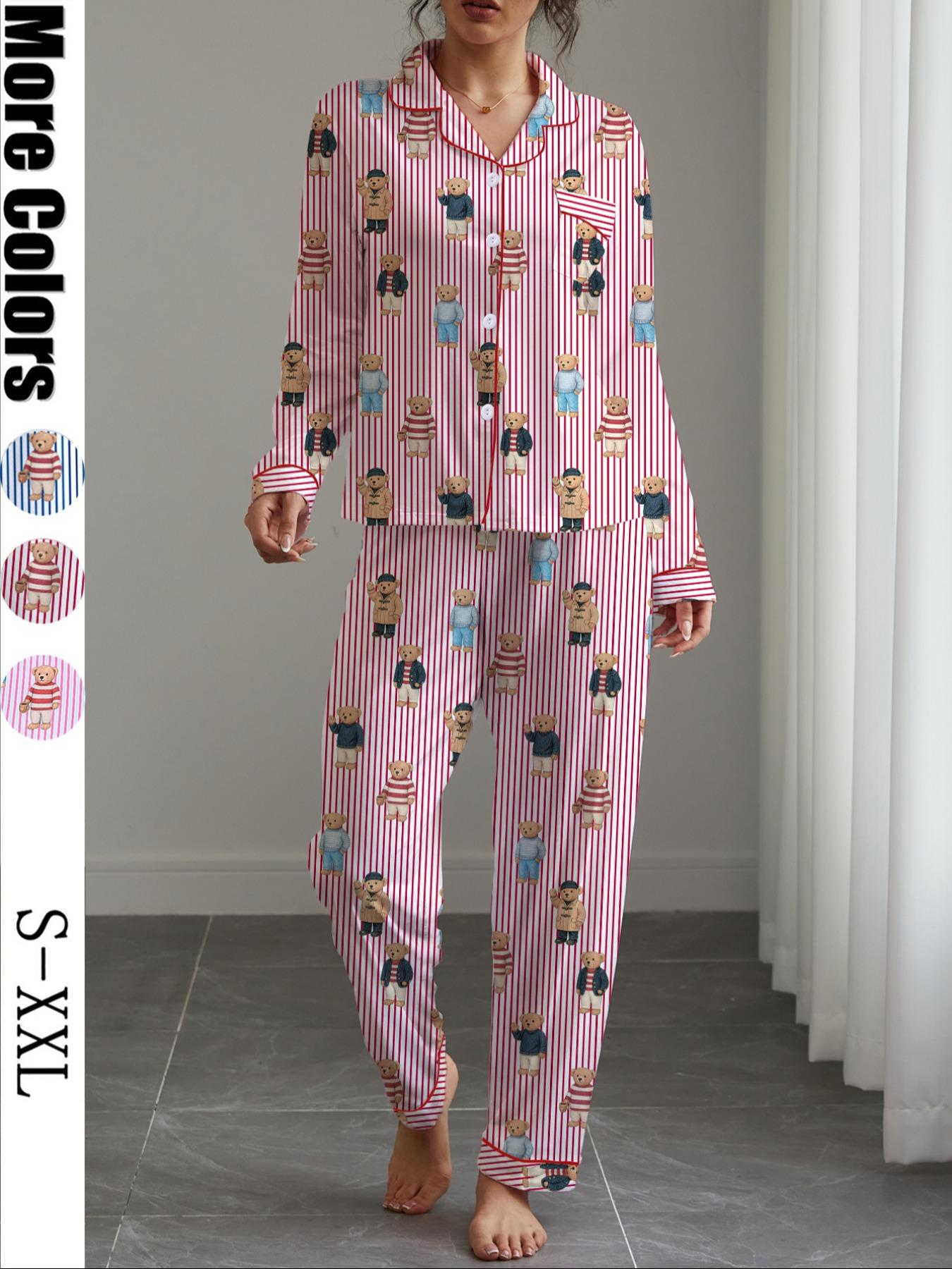 Women's Fall & Winter Pajama Set, Bear Print Sleepwear, Casual Long Sleeve Shirt and Elastic Pants, Soft and Stretchy Fabric