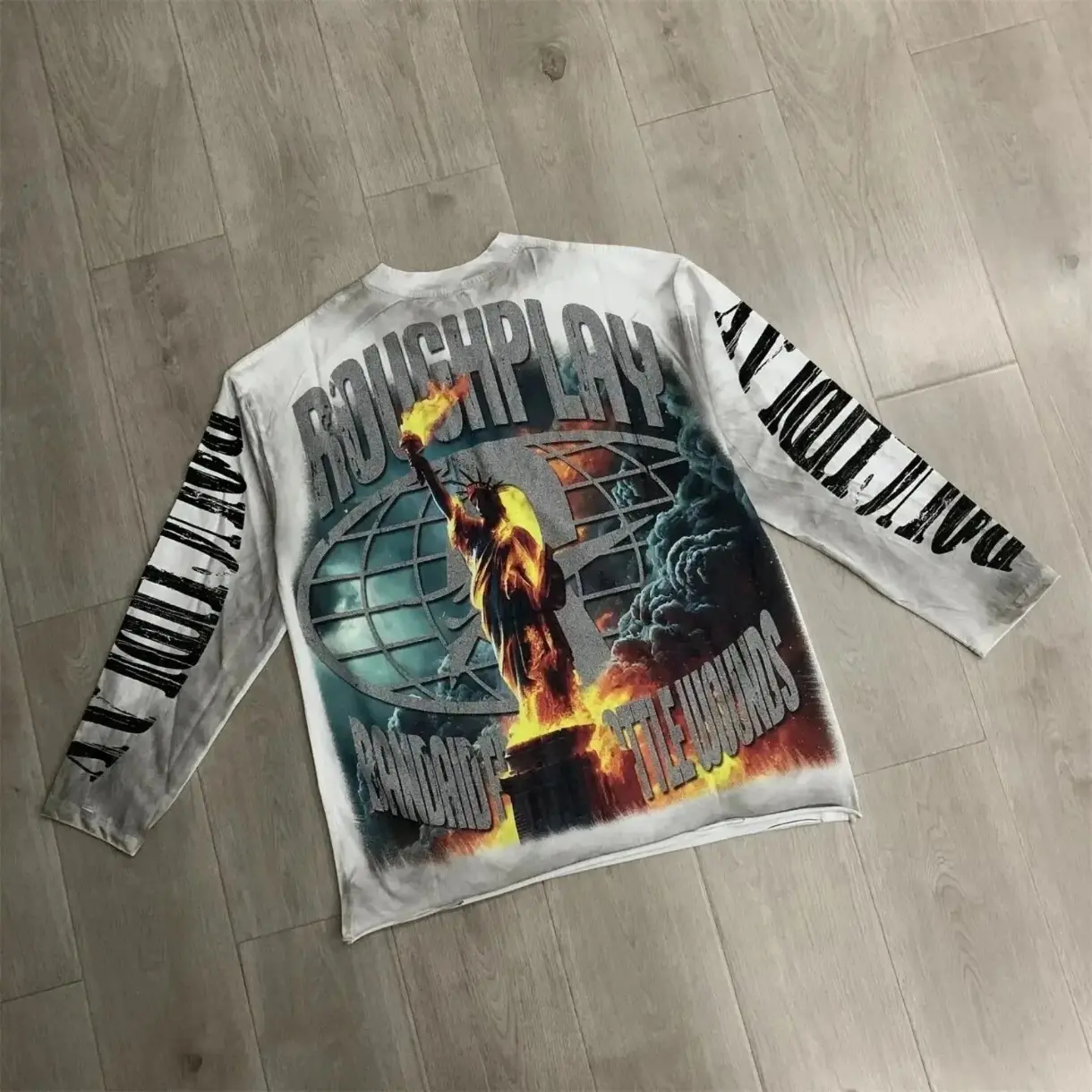 Roughplay Retro American Vintage Graphic Long Sleeve Tee, 100% Cotton Washed T-Shirt, Oversized Y2K Streetwear Top, Hip Hop Casual Unisex Fall Fashion