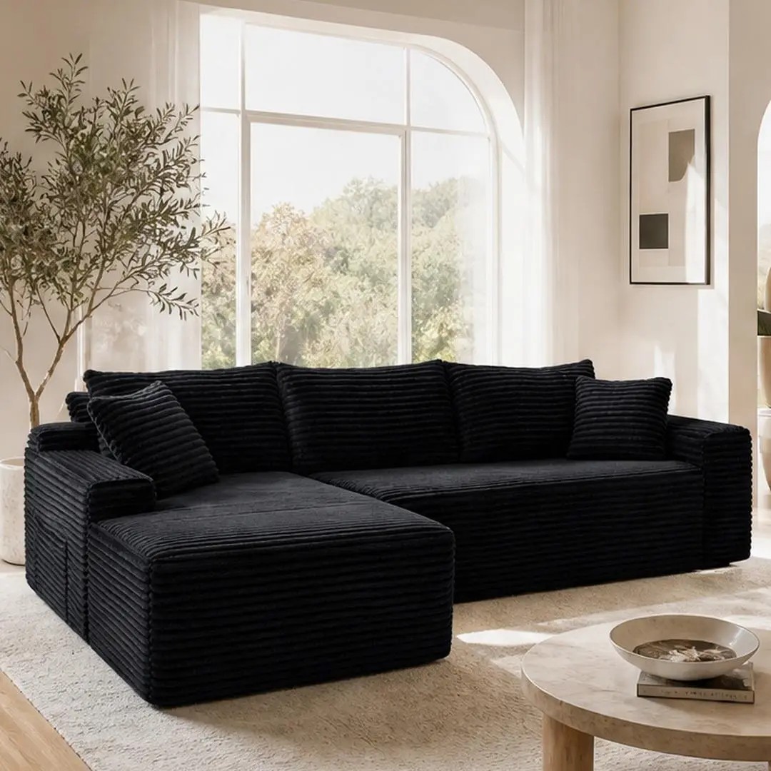 94.5" Jumbo Corduroy L-Shape Sectional Sofa with Reversible Chaise, 4-Seat Deep Seat Modern Minimalist Couch for Living Room, Black