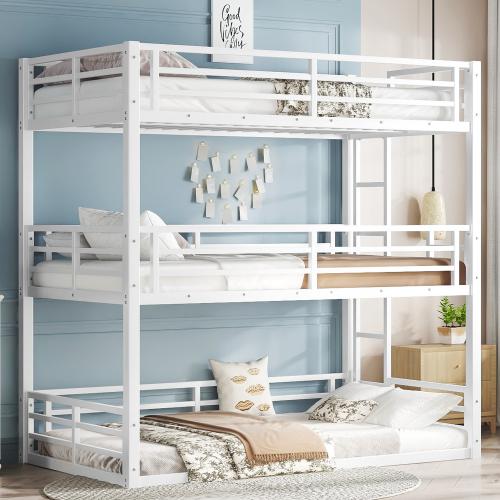 [Bellemave]Bunk Bed, Metal Triple Bunk Bed with Safety Guardrails, Heavy-duty Bunk Bed with Noise-reduced Design