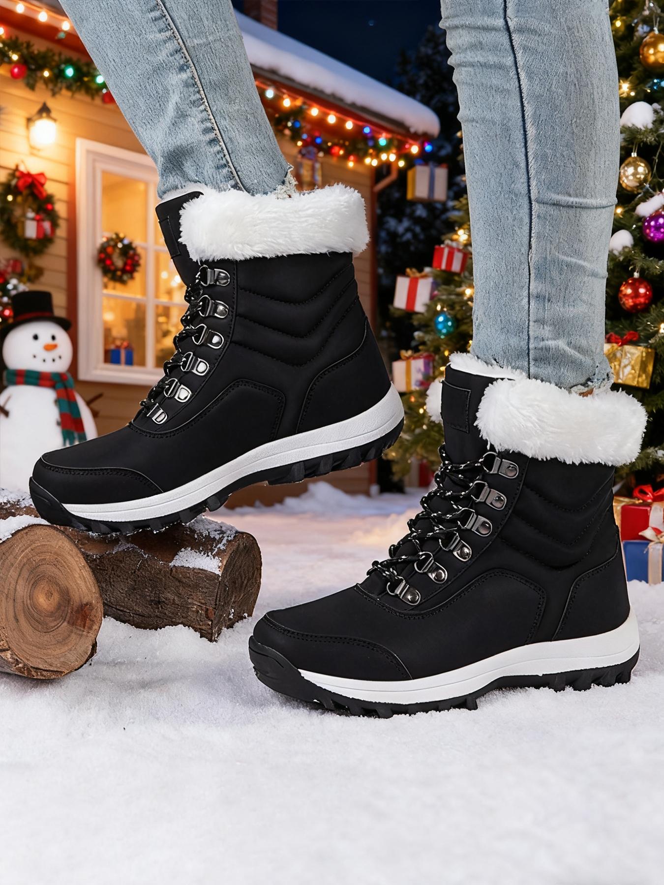 Women's High-Top Lace-Up Hiking Boots, Trekking Shoes, Durable Outdoor Snow Boots with Fleece Lining, Fashionable and Comfortable for Daily Wear and Outdoor Activities, Christmas Gift, Casual Hiking Shoes