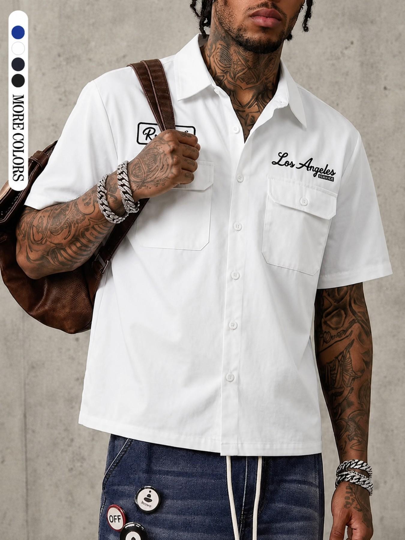 High Street Button Up Shirt, Button Down Front Boxy Short Sleeve Utility Pocket Shirt for Y2K Streetwear, City Walk, Travel, Weekend and Casual Daily Outfits