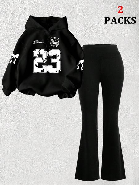 【FREE PERSOMALITY】Women's Warm Sweatshirt Set + Slim Fit Flare Pants, Casual Butterfly Print, Kangaroo Pocket, Fall & Winter