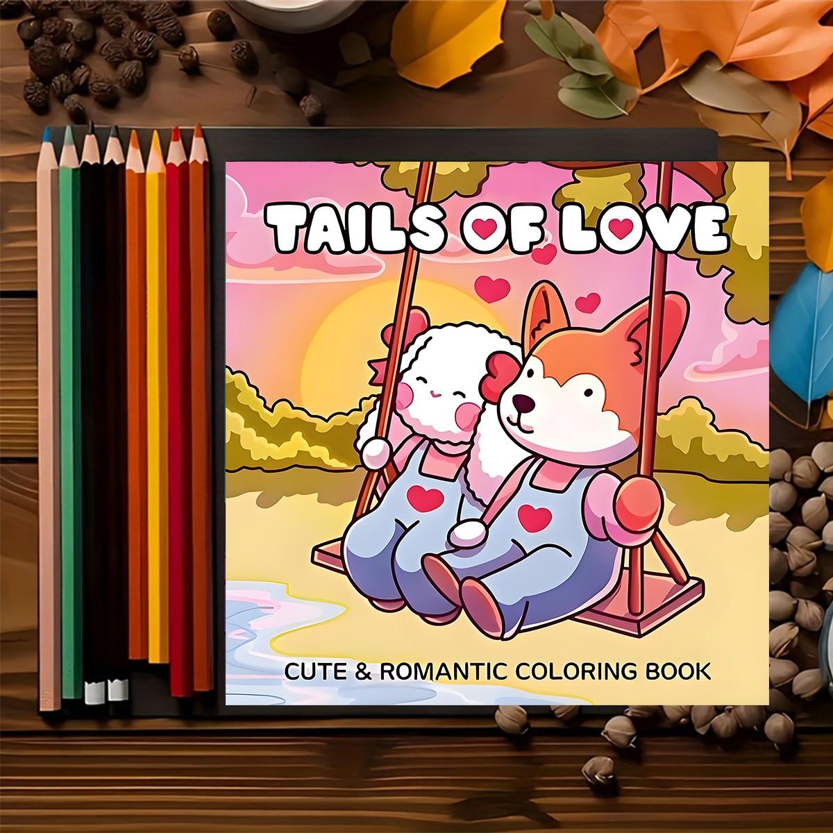 Bold & Easy Tails of Love Cute & Romantic Coloring Book for Kids & Adults, 22 Coloring Pages on 120gsm Thick No Bleed Paper, Odorless Glue Binding, Stress Relief Easy Coloring for All Ages