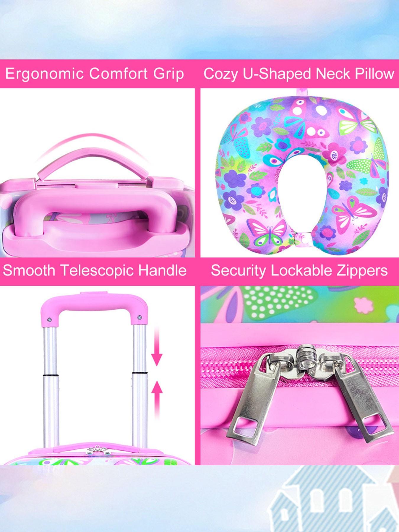 1 Set Kids Luggage Set, Cute Butterfly Print Hard Shell Suitcase with U-Shaped Neck Pillow, Lightweight Rolling Carry On Luggage for Girls, Travel Suitcase for School Trip, Vacation, Airplane