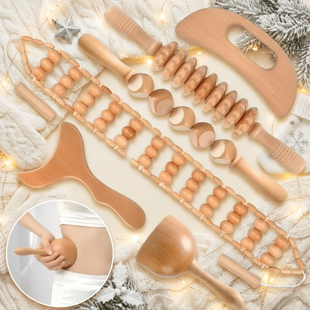 6-In-1 Wooden Therapy Massage Tool Set, Includes Roller, Rope Massager, Gua Sha Board, Cup, for Lymph Drainage, Cellulite Reduction, Deep Muscle Relaxation