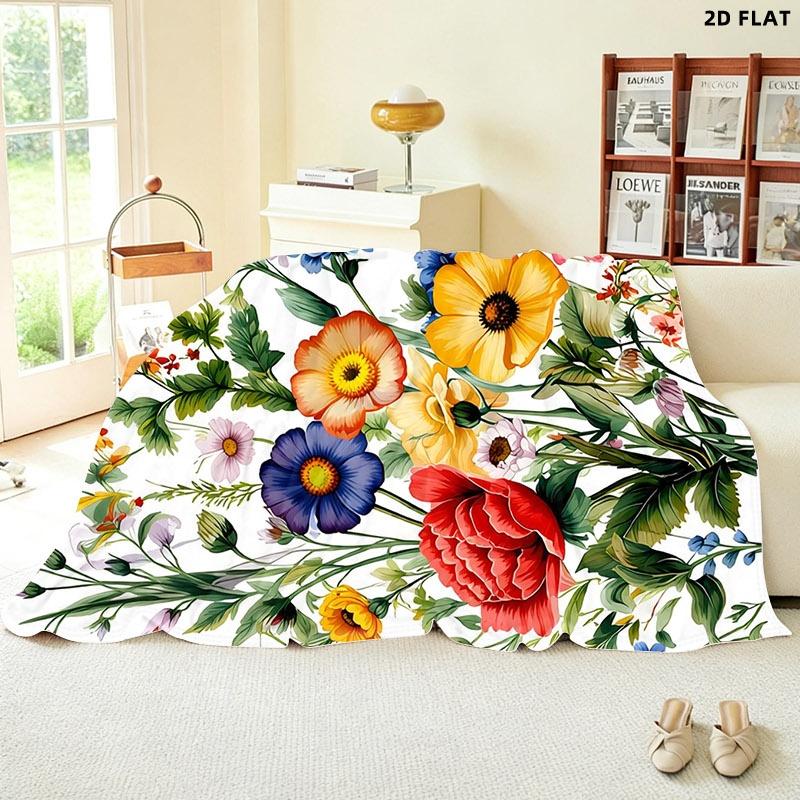 Vibrant Floral Printed Throw Blanket, Single - sided Printing, Multiple Specifications Available, Decorative Botanical Design with Colorful Flowers & Green Foliage, Ideal for Napping/Lounging, Soft Comfortable Material, Perfect for Home Relaxation