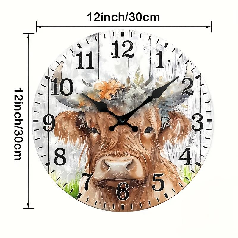 Vintage Flowers Scottish Highland Cow Wall Clock with Floral Pattern - Silent Non-Ticking Wooden Digital Clock, Creative Decorative Clock, for home decor, Rustic Home Gift (AA Batteries Not Included), Large Digital Display