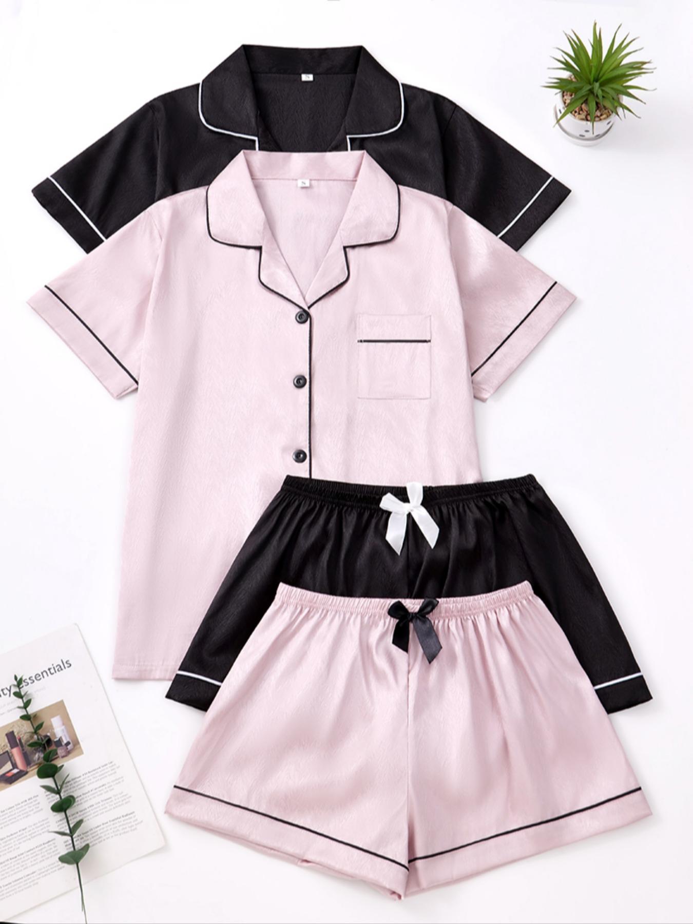 Women's Leopard Print Contrast Trim Lapel Neck Pajama Two-Piece Set, Comfort Loungewear PJ Set, Short Sleeve Button Up Top & Shorts PJ Set, Casual Sleepwear Set for Women