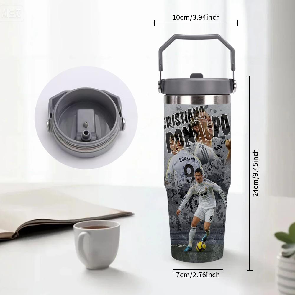 1pc C Ronaldo Print Insulated Travel Mug Tumbler, Long-Lasting Heat and Cold Retention, Stainless Steel Thermal Reusable Cup, Ideal for Fishing, Camping, Office