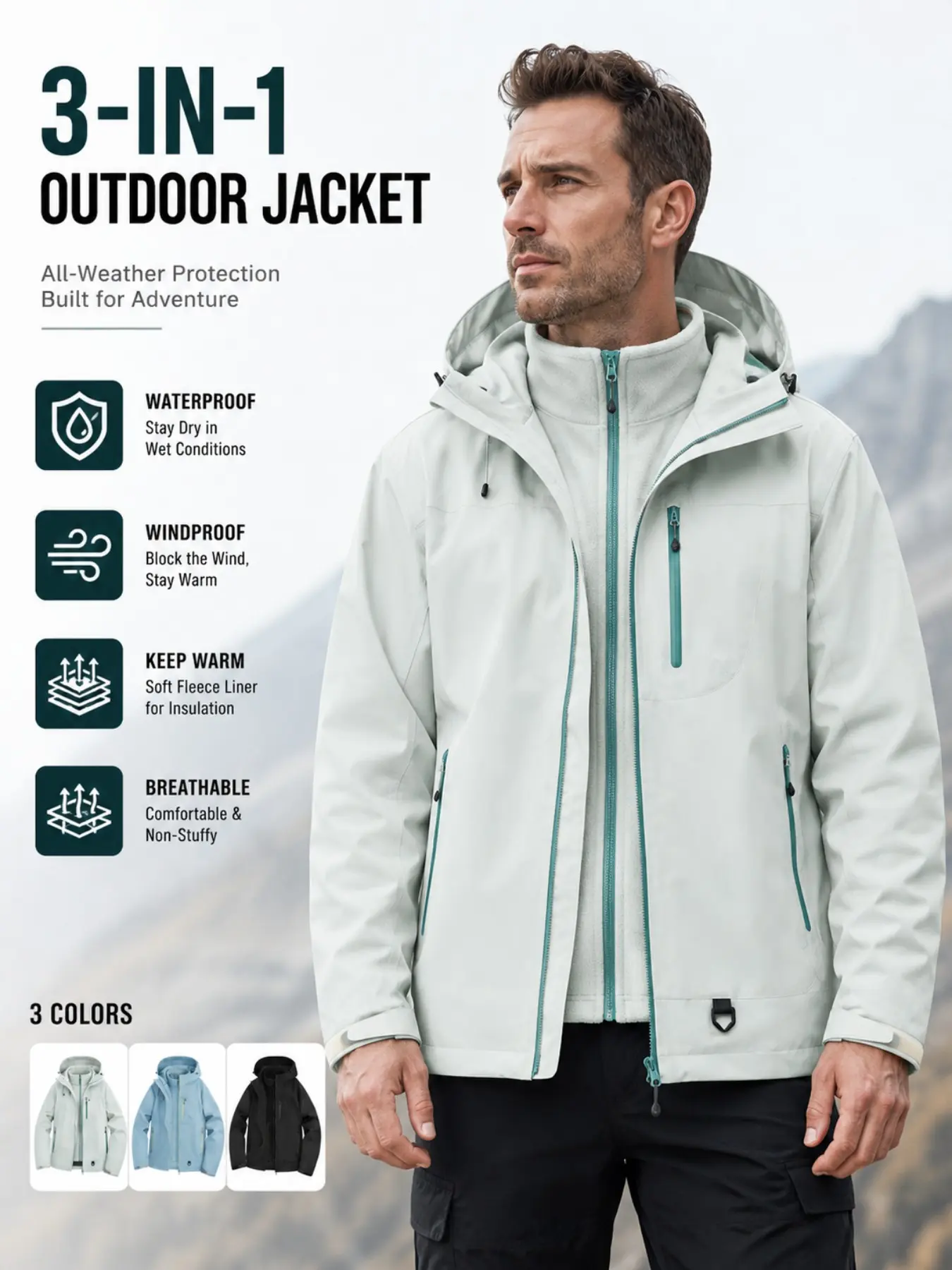 Men's Hooded Outdoor Jacket, Windproof Waterproof, Side Pockets, Adjustable Hat Rope, Colorblock Zipper, Ideal for Hiking, Commuting, Spring Fall