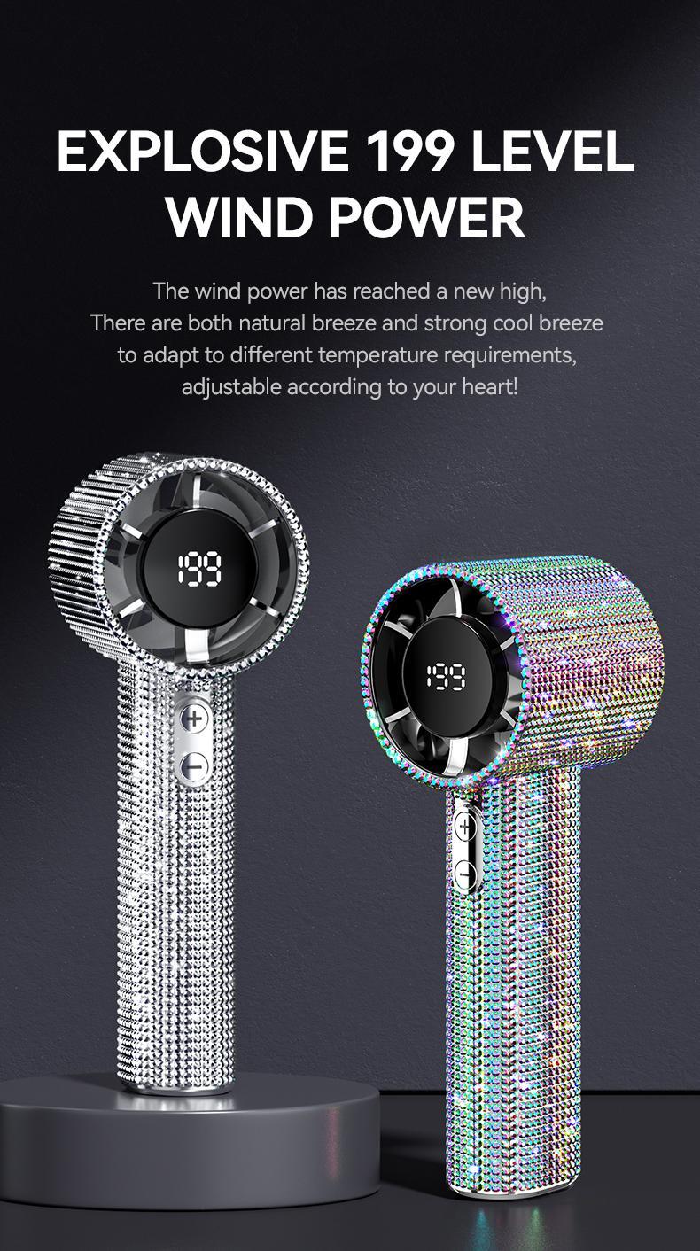 MGALL S5 Full Diamond Luxury Craftsmanship Portable Handheld Turbo Fan, 3 Gear Wind, Rechargeable Long  Battery Life Hand Fan With Digital Display For Outdoor Activities, Travel, Office,Wonmen's gift
